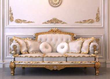 Luxurious leather sofa with pillows in Royal interior clipart