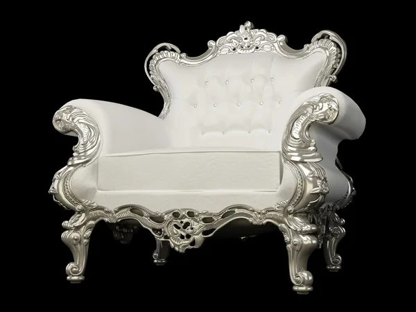 Królewski biały fotel z srebrna rama na czarnym tle — Zdjęcie stockowe