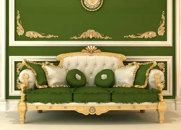 皇家张沙发，在绿色豪华房枕头的演示 — 图库照片