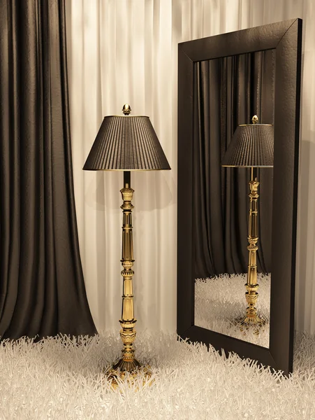 Standaard lamp met spiegel en tapijt in luxe interieur — Stockfoto