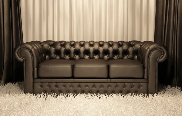 Brązowy skórzana sofa chester w luksusowe wnętrze — Zdjęcie stockowe