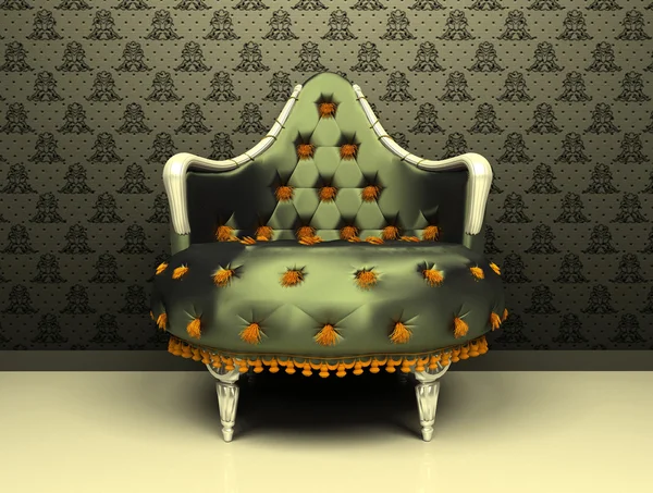 Luxo poltrona decorativa sobre ornamento papel de parede fundo — Fotografia de Stock