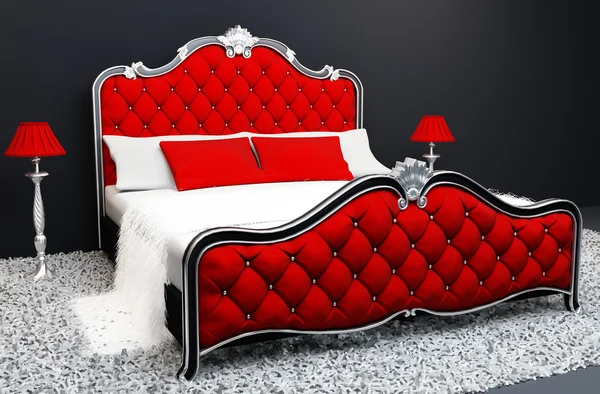 Luxuriöses Bett mit Stehlampe im Innenraum — Stockfoto
