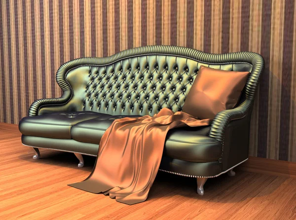 Диван з подушку і покривалом в інтер'єрі з stripped wallpap — стокове фото