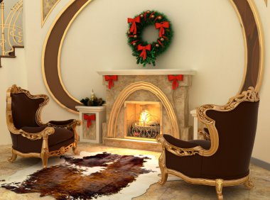 Armchairs by fireplace with Christmas-tree decorations in comfor clipart