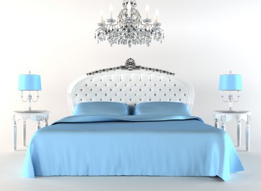 Modern bed tith night lamps and chandelier. Flat clipart