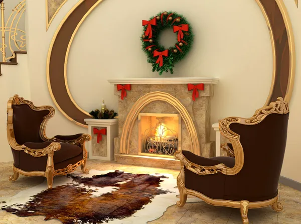 Sillones junto a la chimenea con decoraciones de árbol de Navidad en comfor —  Fotos de Stock
