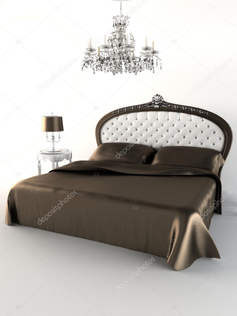 Royal bedroom. Bed. Chandelier