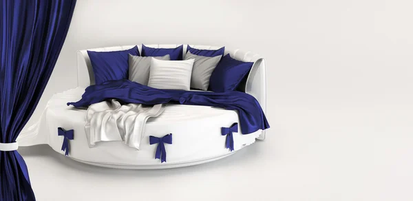 现代床的陈列。内部的白色卧室全景 — 图库照片
