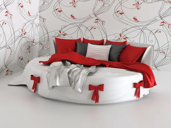 Modern iç duvar kağıtları ile yatakta hediye — Stok fotoğraf