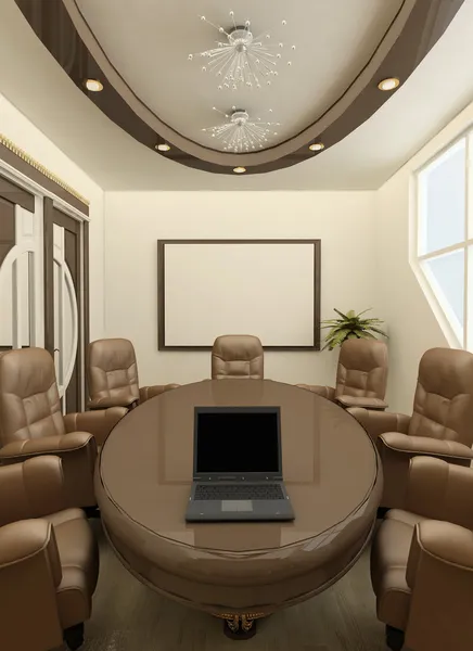 Perspective round table with computer in office interior. Workpl — Stock Photo, Image