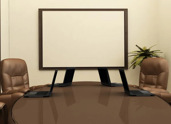 stock image Workplace with computers in office interior. Desk