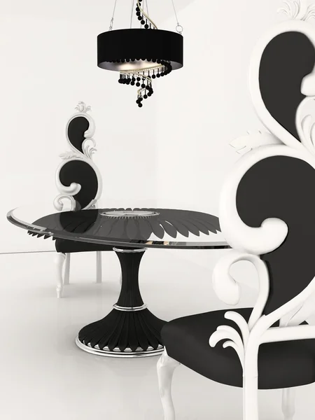 Perspectiva de cadeiras barrocas e mesa em interior luxuoso — Fotografia de Stock
