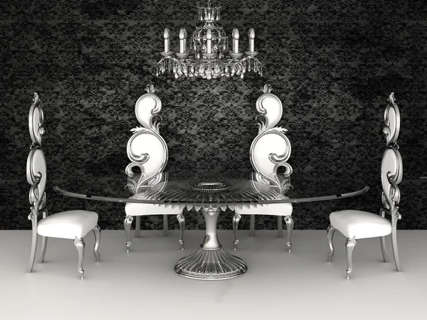 Barocka möbler. stolar med runda bordet i middag interiör. — Stockfoto