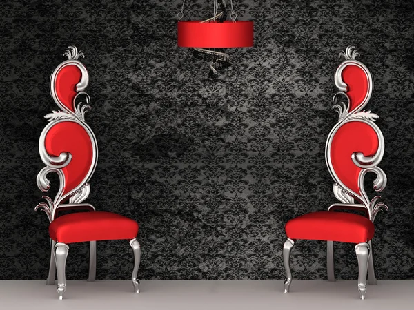 Δύο κόκκινες καρέκλες με βασιλικό πίσω που απομονώνονται σε στολίδι ταπετσαρίες — Φωτογραφία Αρχείου