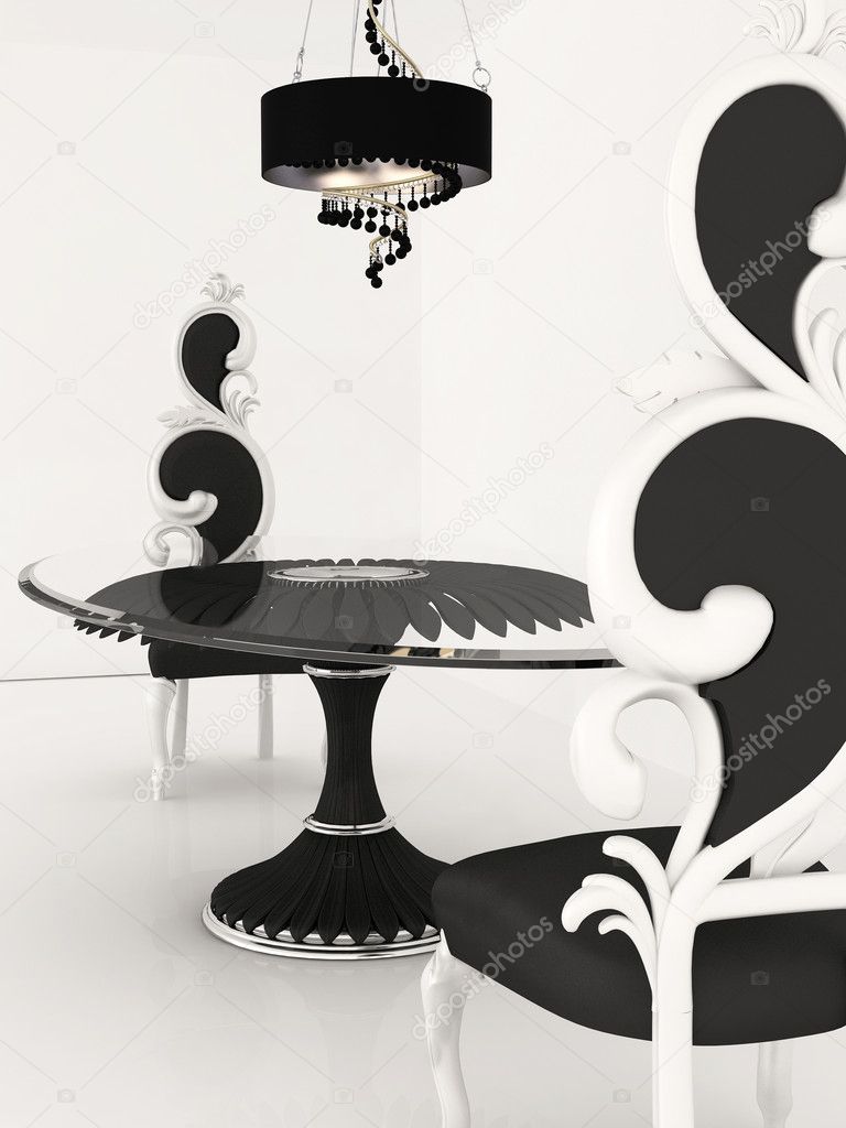Perspective of baroque chairs and table in luxurious interior