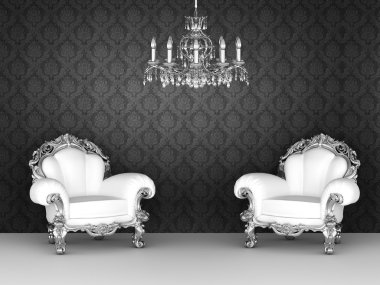 Luxurious armchairs in baroque interior. Ornament wallpapers. clipart