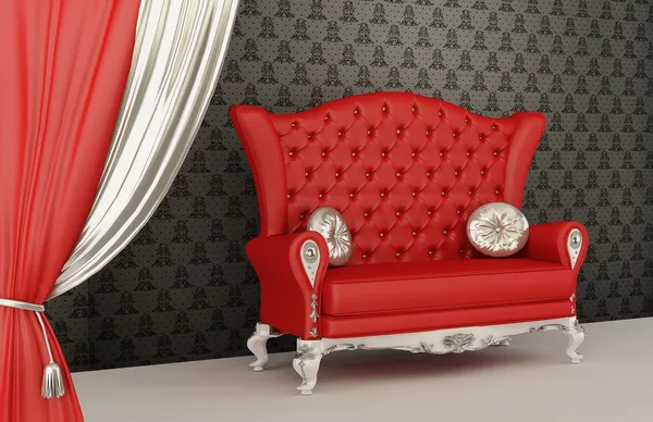 Geöffneter Vorhang und modernes Sofa mit Kissen im Innenraum mit Ornamentwallpa — Stockfoto