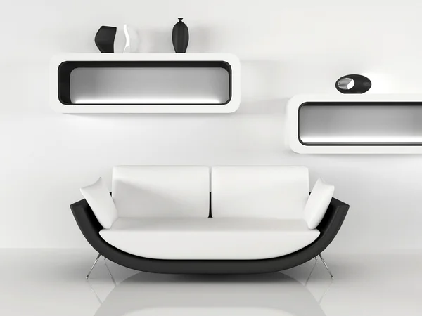 Modernes Sofa mit Dekoration im minimalistischen Interieur. Wohnung — Stockfoto