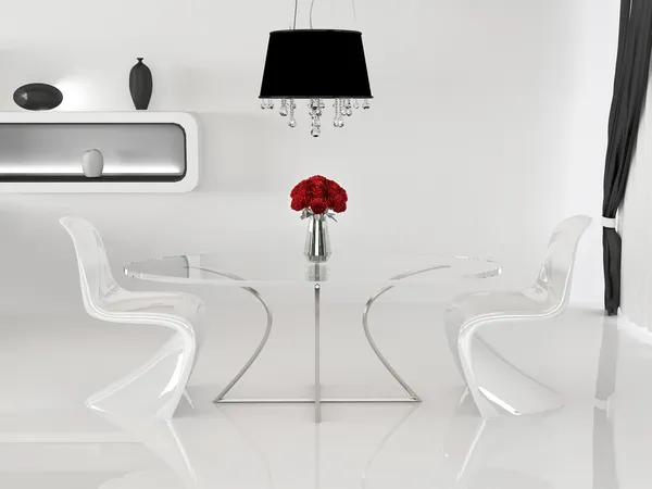 Dos sillas y mesa con jarrón en el interior minimalismo. Espacio. Cu. — Foto de Stock