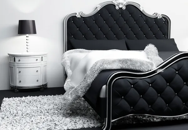 Mobiliário de luxo no interior do quarto. Cama moderna com travesseiros — Fotografia de Stock