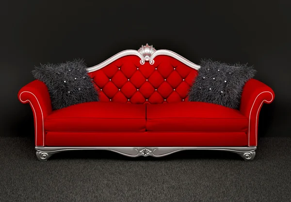 Sofá moderno com duas almofadas peludas no interior — Fotografia de Stock