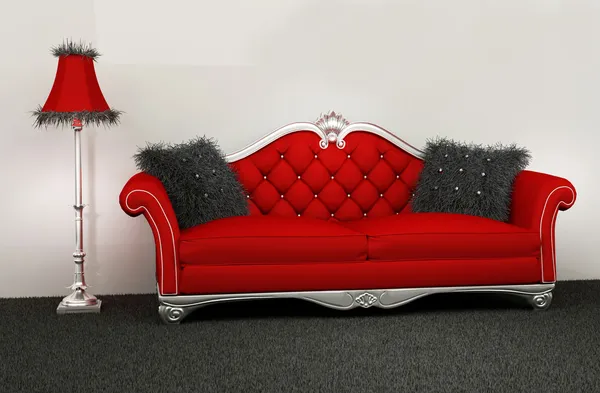 Nowoczesny fotel poduszki furry i lampa standardowe zakwaterowanie w s — Zdjęcie stockowe