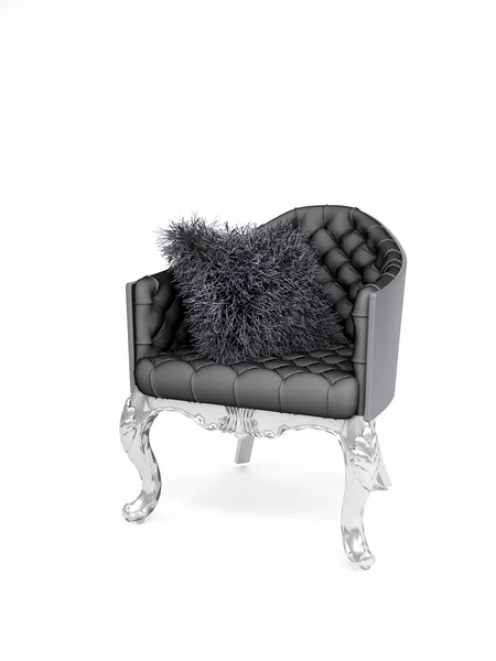 Leather black armchair with furry cushions on white background — Stock Photo, Image