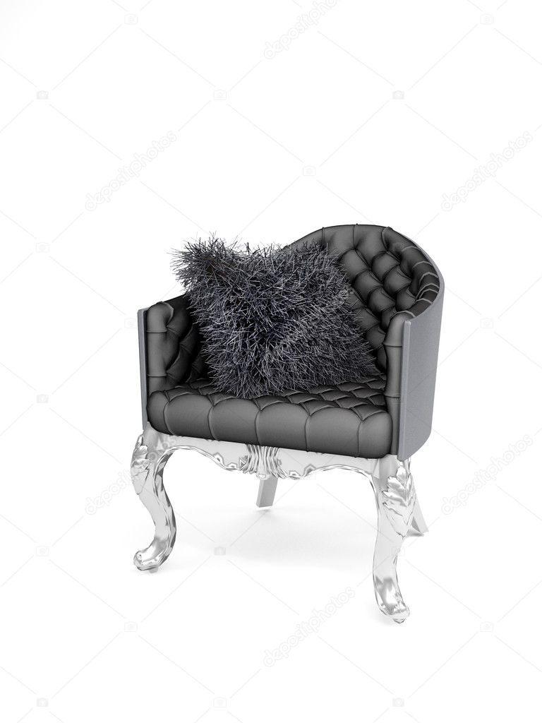 Leather black armchair with furry cushions on white background