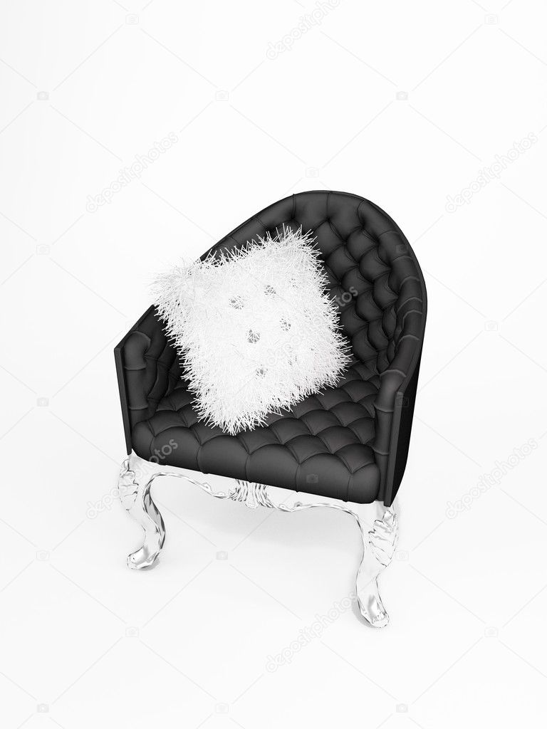Leather armchair with bushy cushion isolated on white background