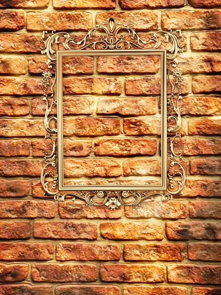 Moldura dourada vazia na parede de tijolo — Fotografia de Stock