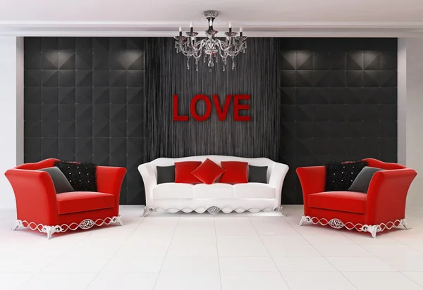Rojo Interior moderno con muebles, dos sillones y comodidad tan —  Fotos de Stock