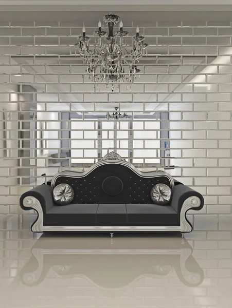 Sofá negro moderno en el espacio interior real apartamento — Foto de Stock
