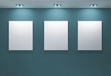 Gallery Interior with empty frames on blue wall clipart