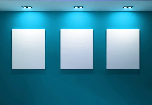 Gallery Interior with empty frames on aqua wall — Stock Photo, Image
