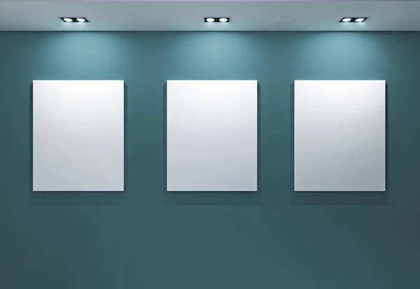 Galerie interieur met lege frames op blauwe muur — Stockfoto