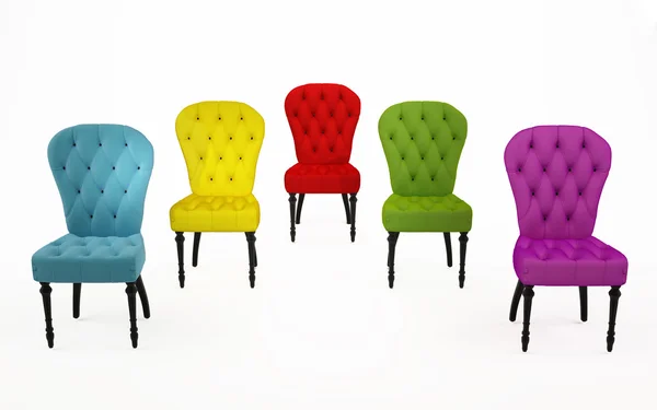Die farbigen Stühle, luxuriöse Sessel vor weißem Hintergrund — Stockfoto