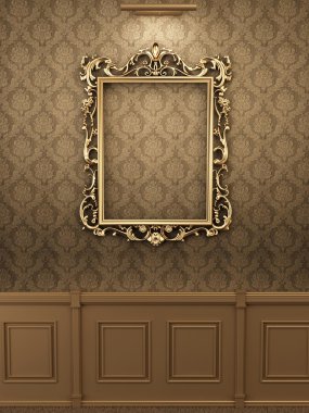 Royal golden frame on the wall in interior. Gallery clipart