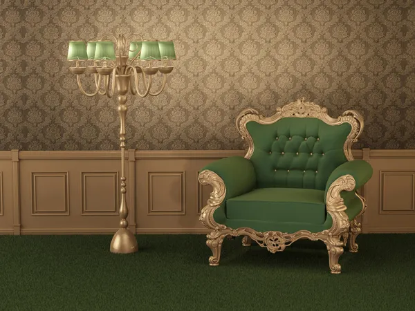 Starý styl nábytku. křeslo s rámem v královské dřevěné interi — Stock fotografie