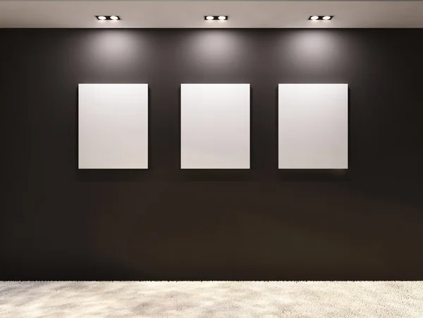 Галерея. Порожні рамки на чорній стіні в інтер'єрі — стокове фото
