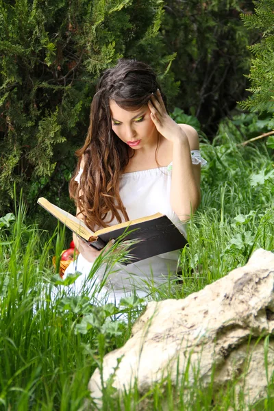 Όμορφη κοπέλα διαβάζοντας ένα βιβλίο εξωτερική — Φωτογραφία Αρχείου
