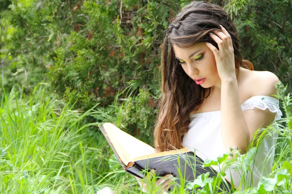 Fiatal gyönyörű lány, egy szabadtéri könyvet olvas — Stock Fotó