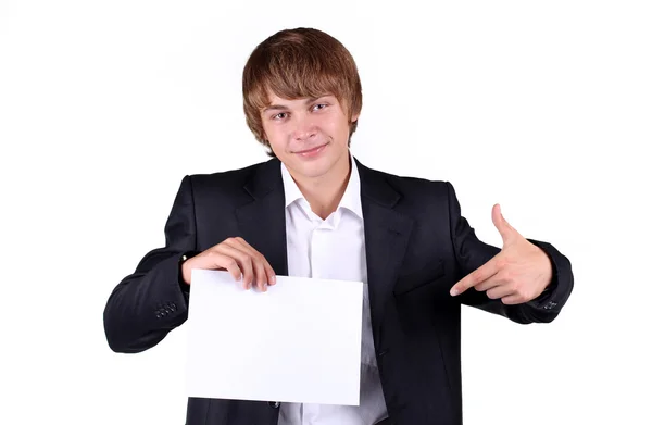 Retrato de um jovem homem de negócios sorridente segurando um cartaz em branco, mão — Fotografia de Stock