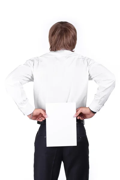 Man holding a blank white board on his back — Stock Photo, Image