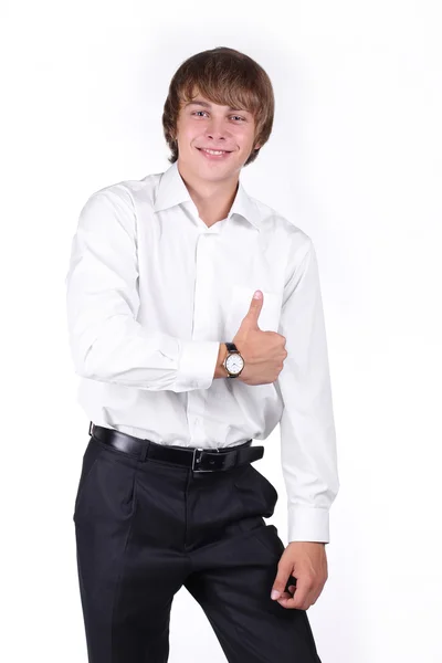 Stijlvolle lachende jonge man die op witte achtergrond — Stockfoto