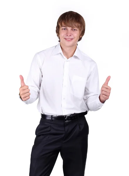 세련 된 흰색 바탕에 서 있는 젊은 남자를 웃 고 — 스톡 사진