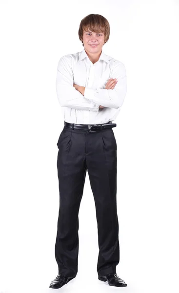 Elegante sorridente jovem de pé sobre fundo branco — Fotografia de Stock