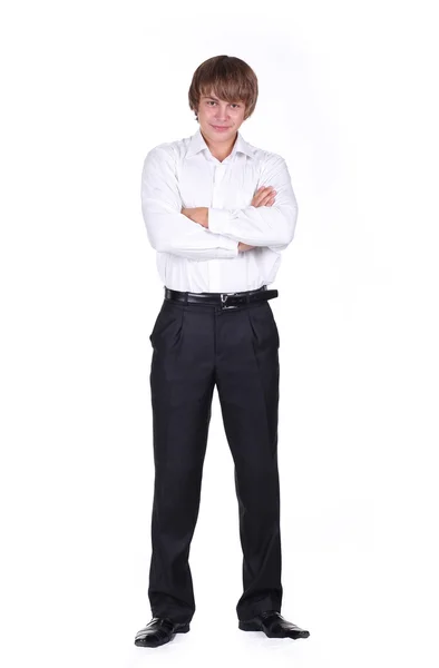 Стильний усміхнений молодий чоловік стоїть на білому тлі — стокове фото