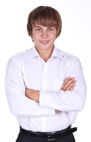 Knappe jongeman portret op zoek camera op witte achtergrond — Stockfoto
