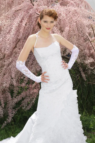Portrait de belle jeune fille en robe de mariée — Photo